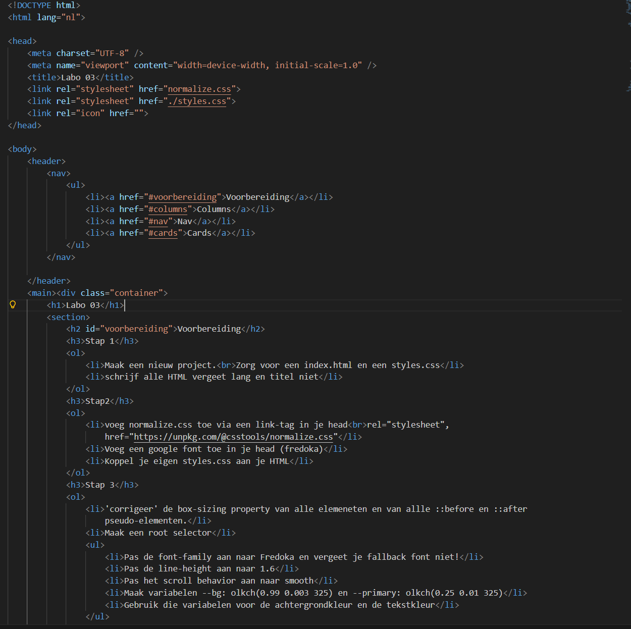 Screenshot code van de website